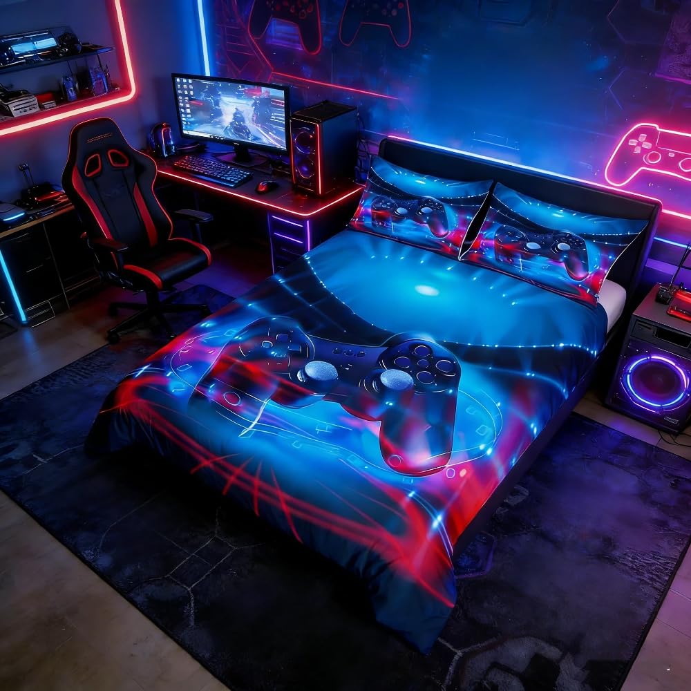 Loussiesd Galaxy Gamepad Bedding Set Boys Video Game Gamepad Duvet Cover Kids Teens Adults Game Controller Comforter Cover Geometric Circle Quilt Cover Bedroom Collection 2Pcs Single Size,Blue