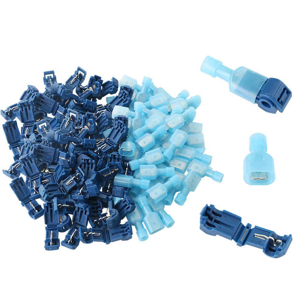 Aiqeer 100 Pcs (50 Pairs) Blue T-Tap Self-Stripping Electrical Connectors, Quick Splice T-Tap Wire Terminal Block, T-Tap Quick Splice and Fully Insulated Male Spade Connector
