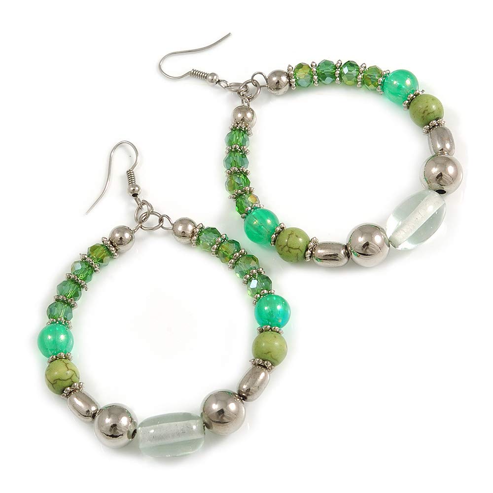 Green/Lime/Transparent Ceramic/Glass Bead Hoop Earrings In Silver Tone - 80mm Long