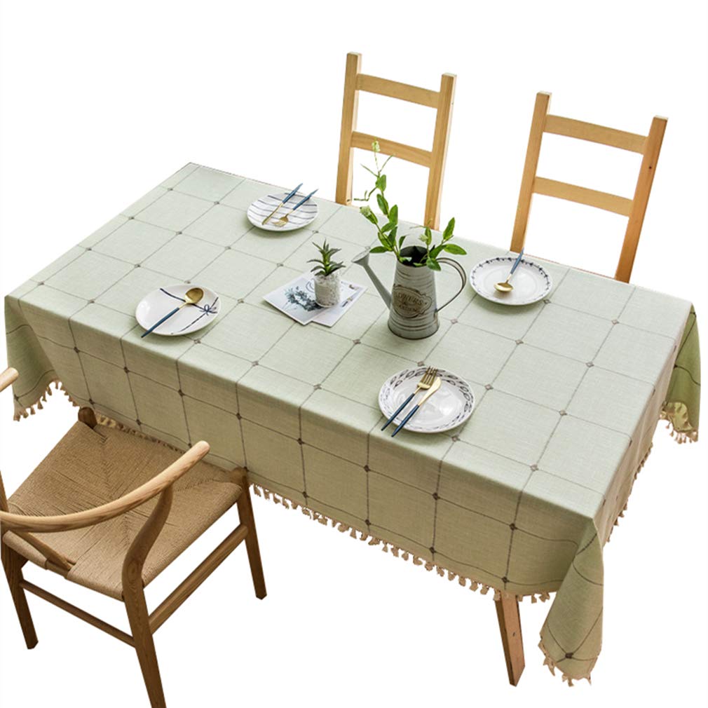 LUCKYHOUSEHOME Cotton Linen Checked Lattice Small Square Tablecloth Embroidery Tassel Table Cover for Home Dinning Tabletop 35x35 Inch(90x90cm), Light Green