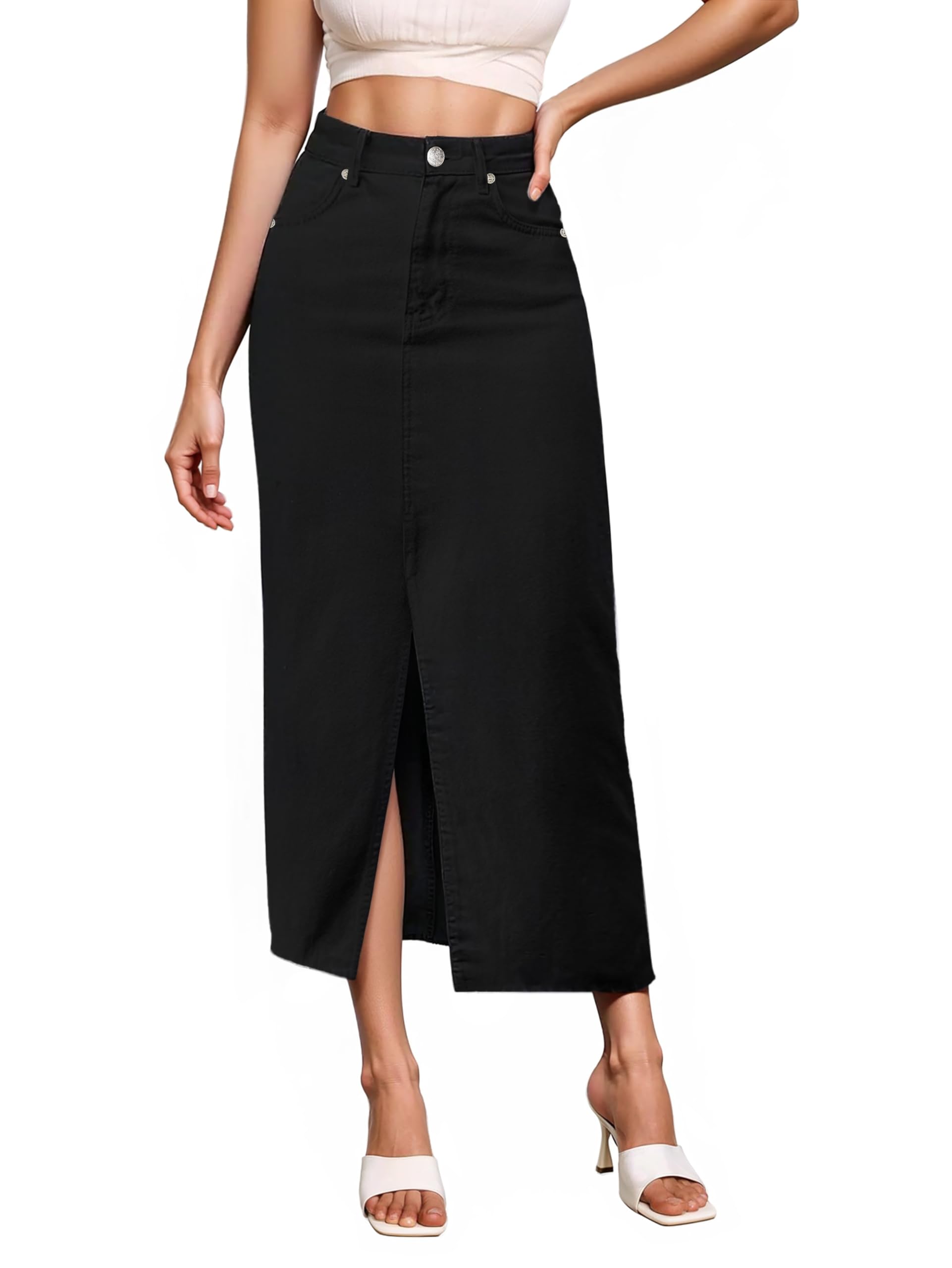 Photo 1 of Hybrid & Company Women's Long Denim Skirt – Stretch Jean Skirt for Office and Casual Wear LSKS19410 Jet Black 6