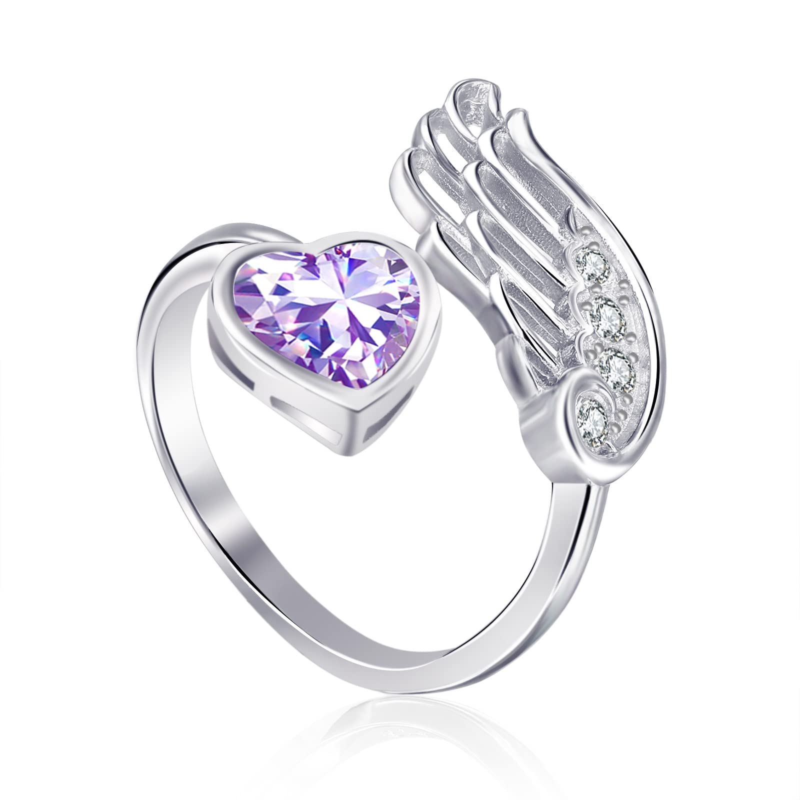 Qings Alexandrite Birthstone Heart Ring for Women 925 Sterling Silver Guardian Angel Wing Feather Open Adjustable Moonstone Wedding Promise Rings June Birth Stones Jewellery Gifts for Mother