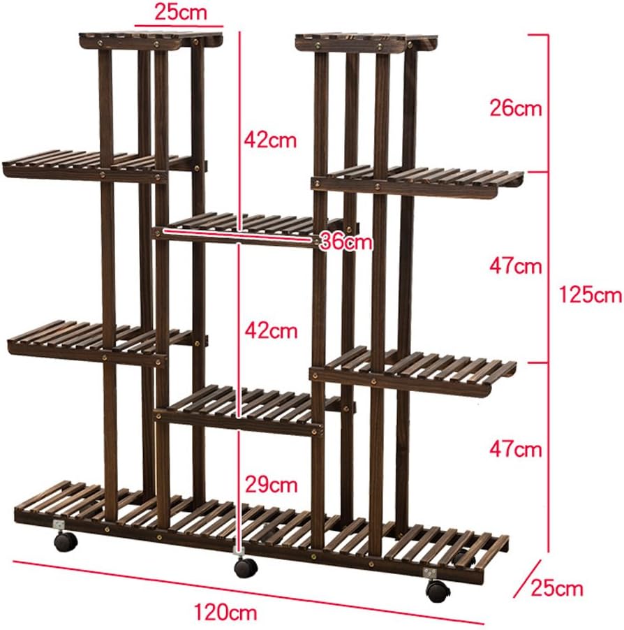 ZENGAI Solid Wood Flower Racks Multilayer Pulley Flower Pot Display Stand, 2 Colors, 47.2 Inches High (Color : Carbon burning, Size : With wheels)