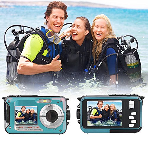 Waterproof Point and Shoot Digital Cameras,24MP 1080P Dual Screen Underwater Sports Action Video Recorder Cameras-Blue