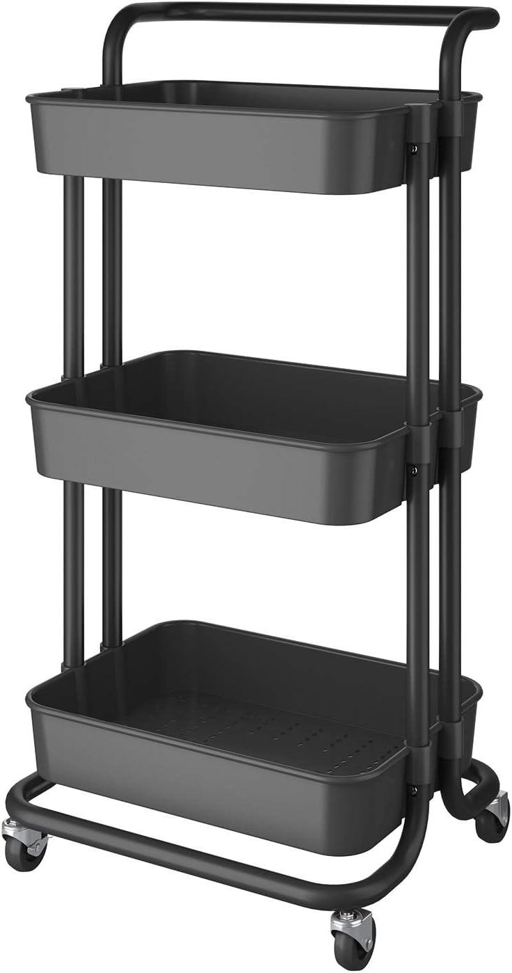 Finether 3-Tier Rolling Utility Cart Storage Cart with Utility Handle Organizer Cart with Caster Wheels Utility Cart Rolling for Bathroom, Kitchen, Office, Bedroom