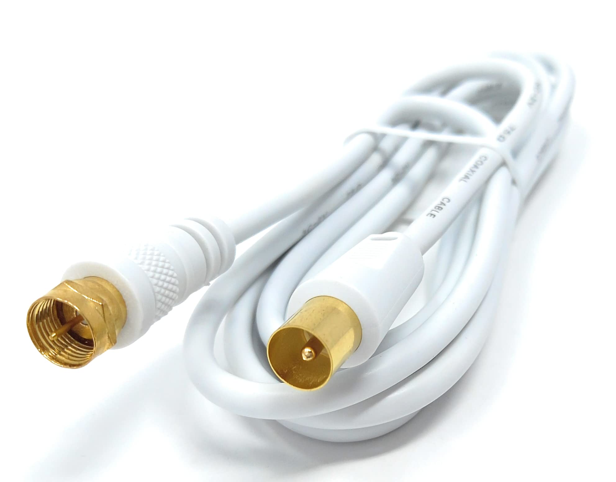 DRUT 2m RF TV Aerial Male to F Type Connector Male Plug Coaxial Coax Cable, Lead, 75 Ohm, 3C-2V 6.5ft White Gold Connectors