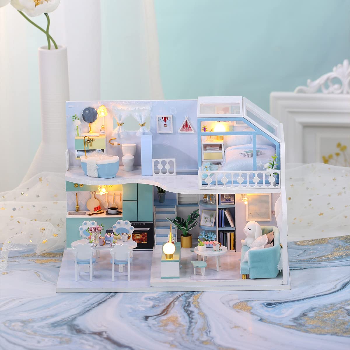 GuDoQi DIY Miniature Dollhouse Kit, Tiny House kit with Furniture, Miniature House Kit 1:24 Scale, Great Gift for Birthday Father's Day, Beautiful Blue Room