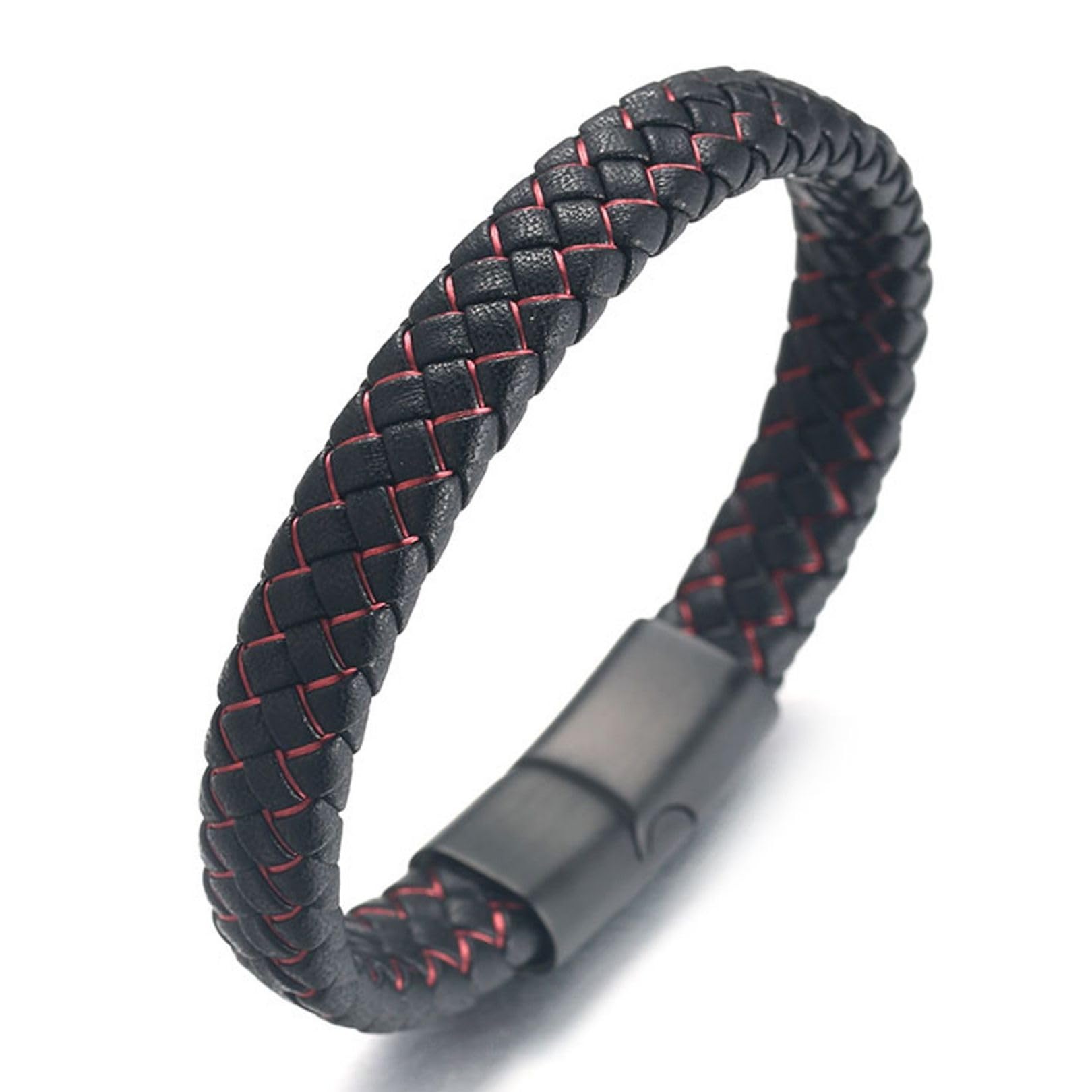 HALUKAKAH ● Nightwatch ● Men's Genuine Black Leather Titanium Bracelet Red Cord 8.46"(21.5cm) Magnetic Clasp with Free GIftbox