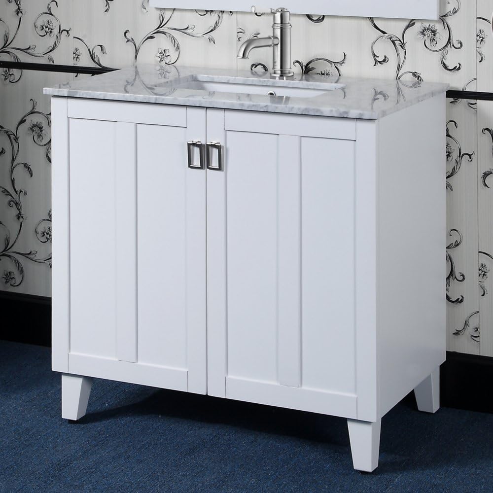 Infurniture White In3236 W Solid Wood Sink Vanity With Carrara Marble Top No Faucet
