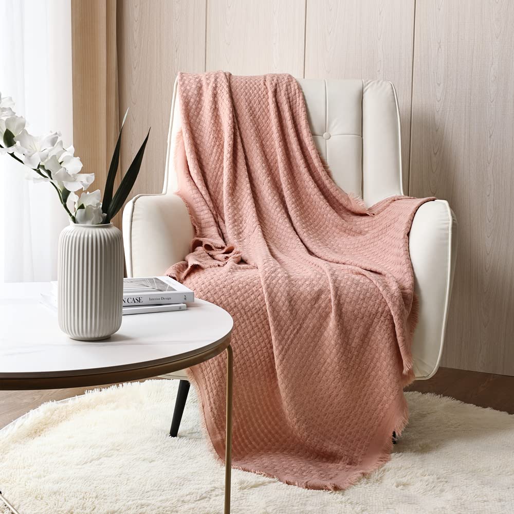 CREVENT Farmhouse Rust Knit Throw Blanket for Couch Sofa Chair Bed Home Decoration, Soft Warm Cozy Light Weight for Spring Summer Fall (127cmX152cm Coral Pink)