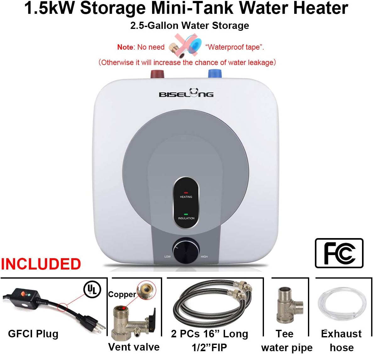 110V-120V Electric Mini-Tank Hot Water Heater Storage, 1.5KW Kitchen Household Compact Size Point-of-Use, Hot Water Output of 2.5 Gallon, 2 PCs 16” Long 1/2”FIP Stainless Steel Water Hoses, GFCI Plug - - 