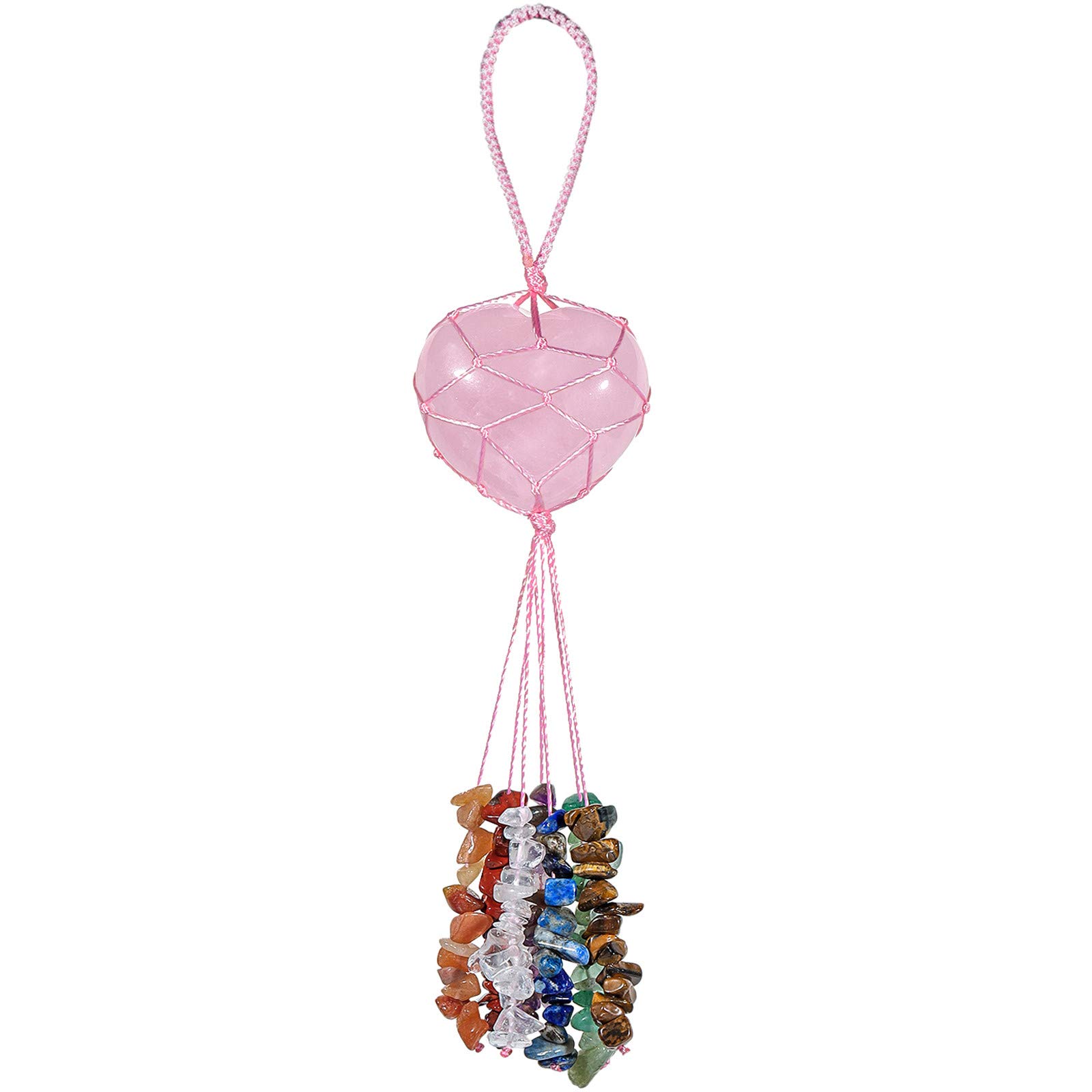 Nupuyai Rose Quartz Heart Crystal Stone Tassel Hanging Ornament, Fengshui Crystals 7 Chakra Reiki Healing Ornament for Home Car Good Luck Wedding Decor