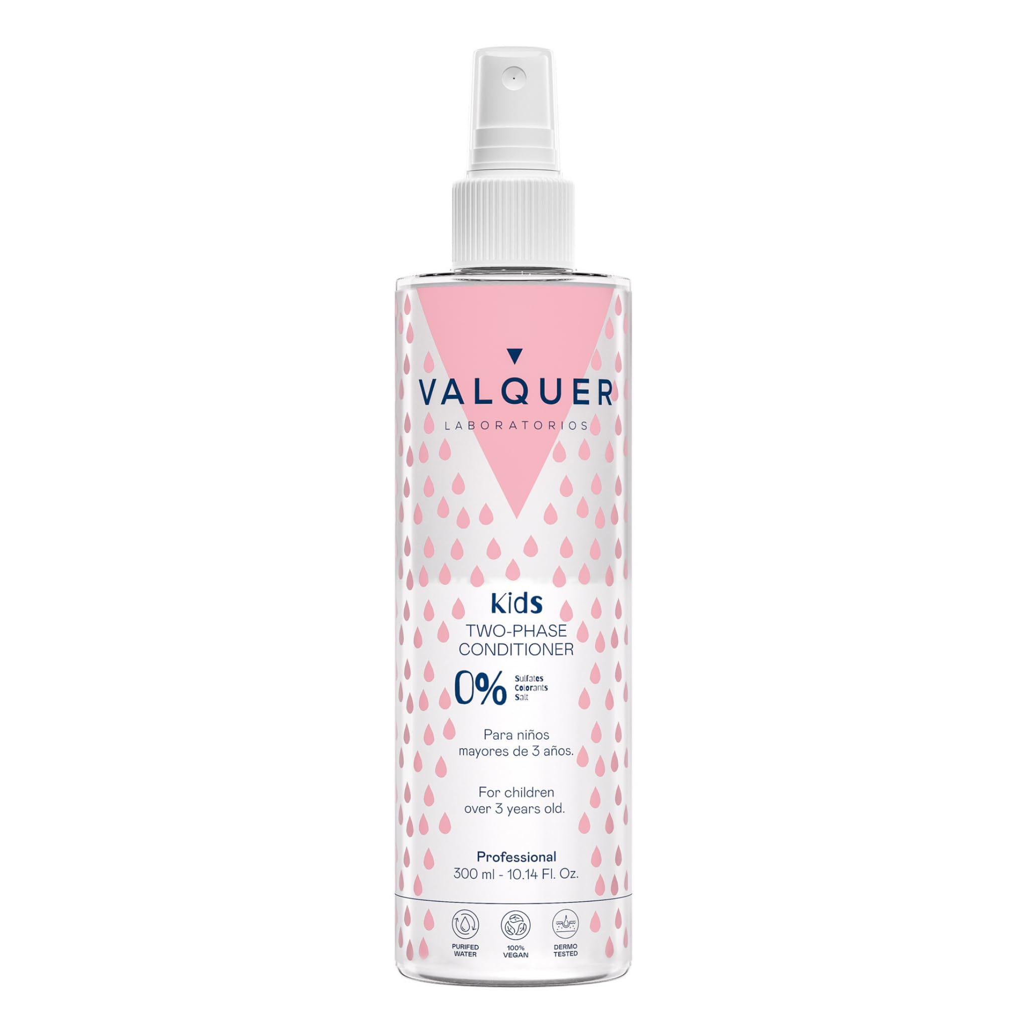 Valquer Formula Zero% Biphasic Leave-In Conditioner Spray for Kids. Conditions hair, providing softness, natural shine, and easy detangling. Ages 3+. 300 ml.