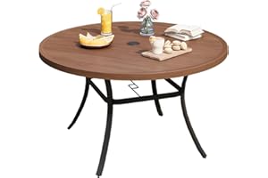 DIFY Patio Round Dining Table, 53" All Weather Round Outdoor Table with 1.57" Umbrella Hole for 8 Person, Perfect for Yard, Balcony and Lawn, Walnut