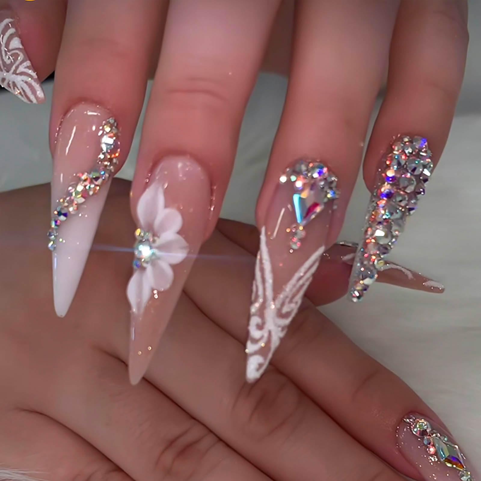 RUOKEXIN Long Press on Nails Stiletto Shaped Fake Nails Handmade False Nails with Rhinestones Designs White Ombre Glue on Nails Glitter Artificial Nails Luxury Stick on Nails for Women 24Pcs - Image 2