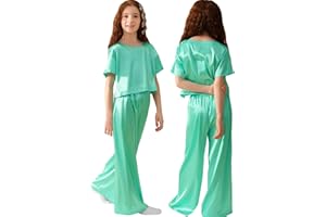 Petite&Me Silk Girls Pajamas Kids/Teens 2 Pieces Lounge Sets Short Sleeve Top & Wide-Leg Pants Soft Pjs Loungewear