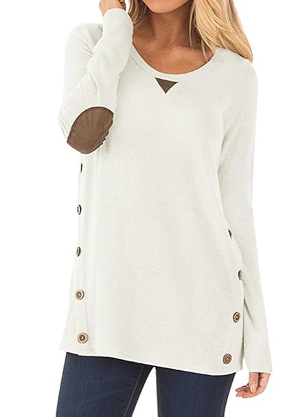 NICIAS Damen Seitliche Tasten Langarmshirt Pullover Lässige Rundhals Sweatshirt Ellenbogen Gepatcht Hemd Lose T Shirt Blusen 