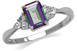 Silvershake 7x5mm Octagon Shape Birthstone Gemstone White Gold Plated or Yellow Gold Plated 925 Sterling Silver Engagement Ring Jewelry for Women