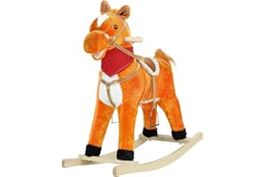 PAPABA Plush Rocking Horse for Toddlers Age 1-6, Wooden Rocker with Moving Mouth & Wagging Tail, Musical with Sounds, 50kg Ca