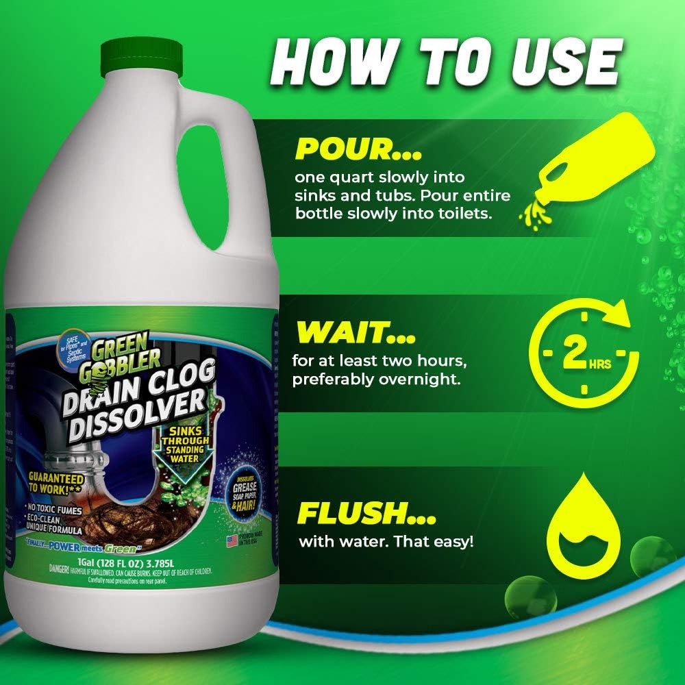 Liquid Clog Remover By Green Gobbler - Drain, Toilet Clog Remover, DISSOLVE Hair & Grease From Clogged Toilets, Sinks And Drains - Drain Cleaner, Works Within Minutes - 1 Gallon: Garden & Outdoor