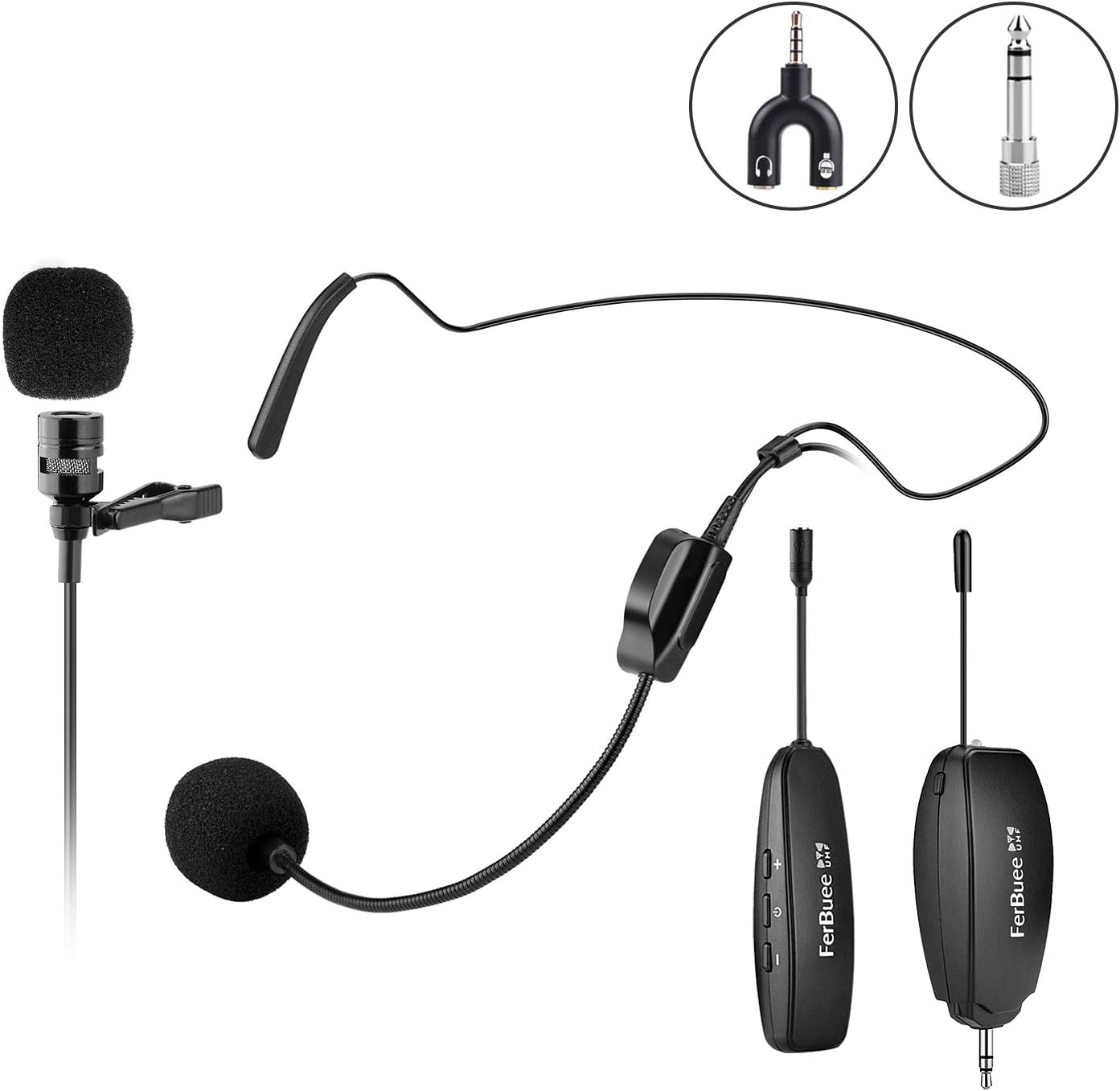 FerBuee Wireless Lavalier Lapel Microphone & Headset Microphone System, Voice Recording for Smart Phones, Cameras Ideal for Computers, Speaking, Presentations