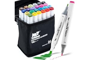 TRANSON Alcohol Markers for Drawing Coloring 24 Colors Dual-tip Fine and Chisel Tips