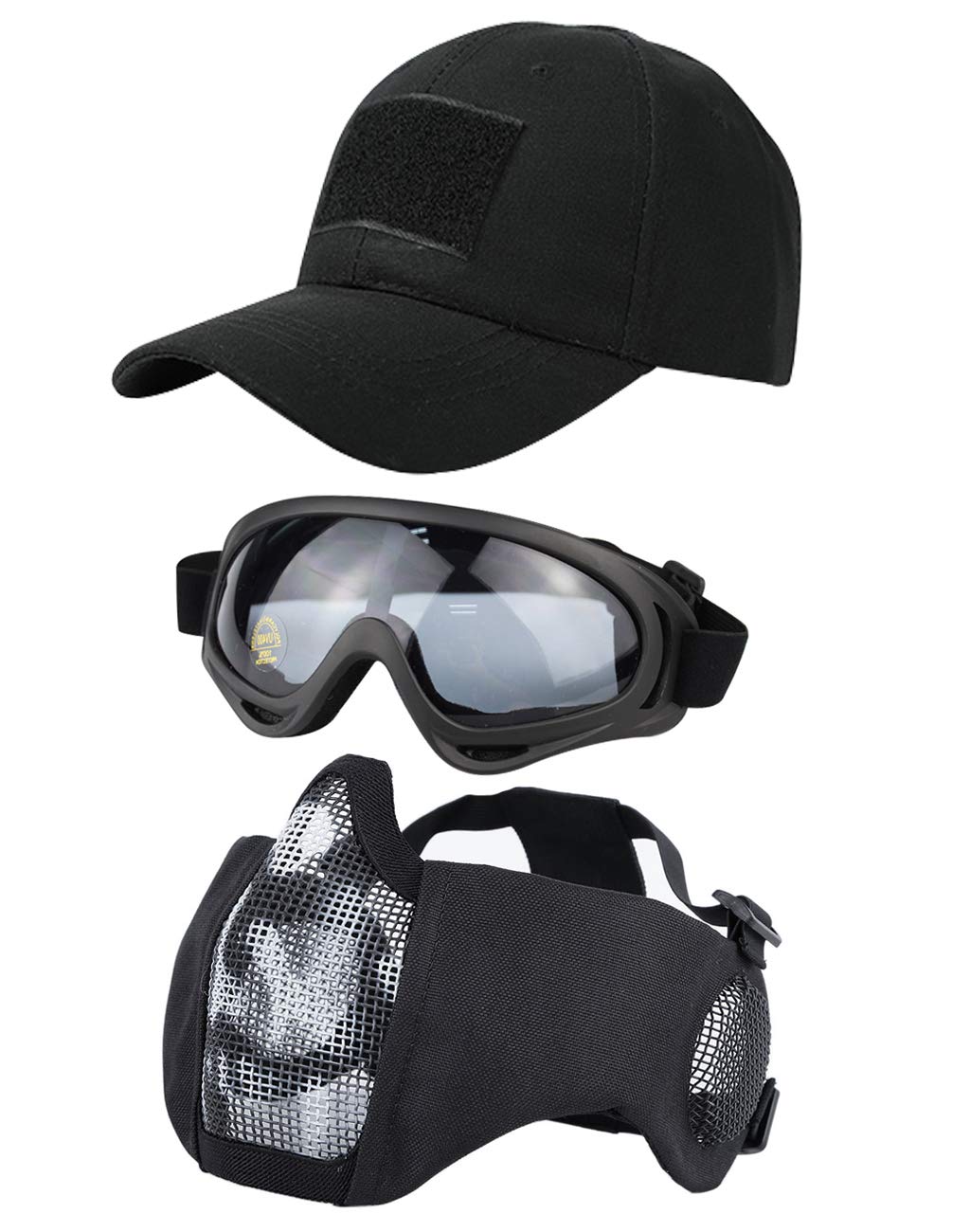 Hodeacc 3 Pcs Tactical Airsoft Mask Goggles Baseball Cap Set,Adjustable Half Face Mesh Mask with Ear Protection,Airsoft Glasses Eye Protection Outdoor Hat for Outdoor BB/CS Game