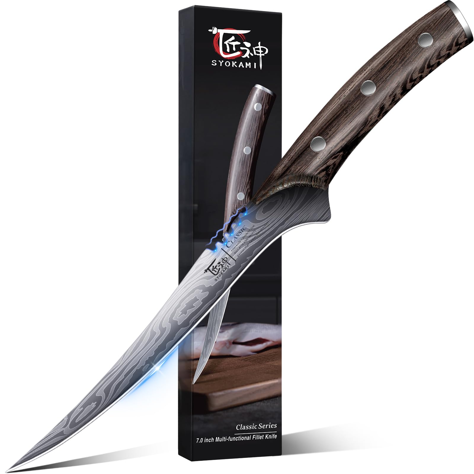 Photo 1 of SYOKAMI Fillet Knife, Razor Sharp 7.2 Inch Boning Knife, High Carbon Stainless Steel Filet Knives with High Flexibility, Wooden Handle, Full Tang Damascus Pattern Fishing Knives, Fishing Gifts for Men