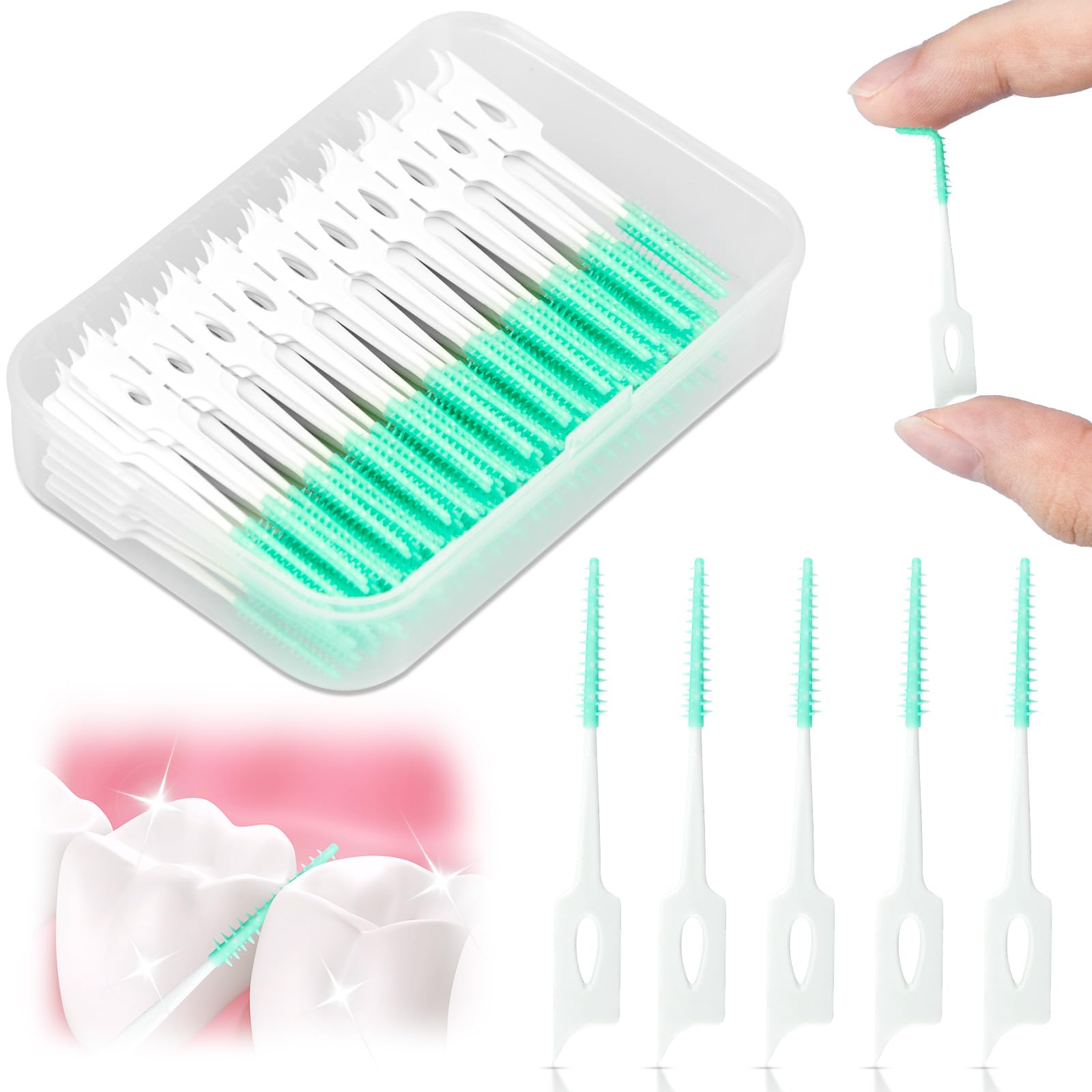 WOHSEROM 200 Pcs Dual-Use Interdental Brushes, Silicone Dental Brushes Tooth Floss Brush Light Green Floss Sticks Dental Brushes Teeth Cleaning Tools for Braces Oral Cleaning