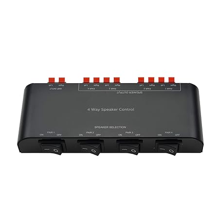 Adwits 4-Kanal Lautsprecher Switcher Selector Box mit Terminal Claps 200W RMS Max 100W umschaltbar, schwarz