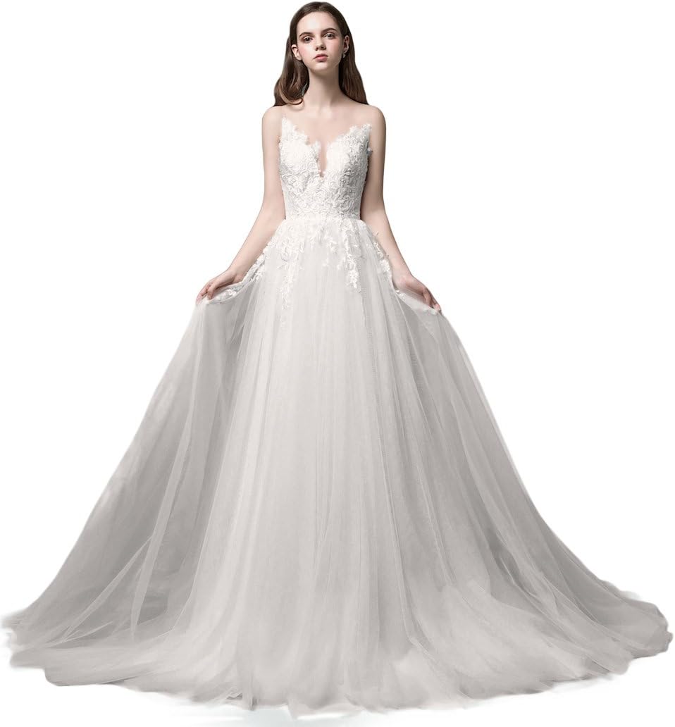 V-Neckline Tulle and Lace Wedding Dresses Key Hole Back Birdal Dress with Sweep Train
