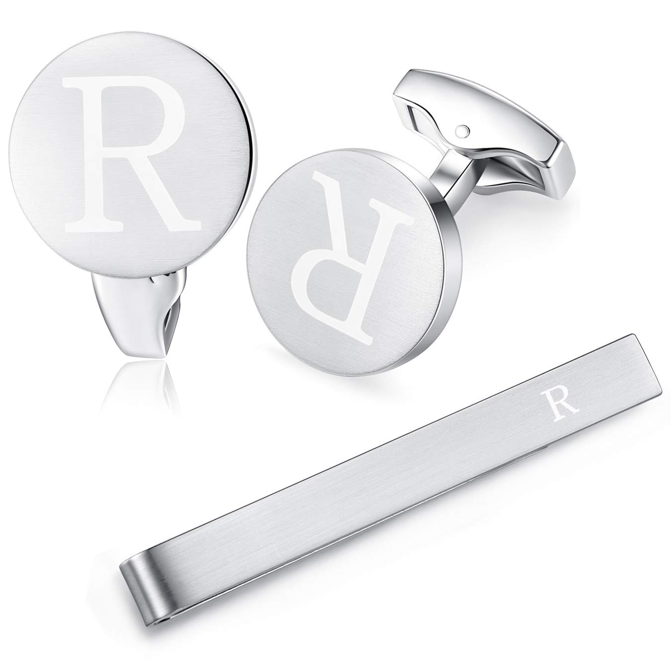HONEY BEAR Initial Alphabet Letter Cufflinks Tie Clip Set for Mens - Brushed Silver Round Stainless Steel, for Business Wedding Gift,5.4cm (R)