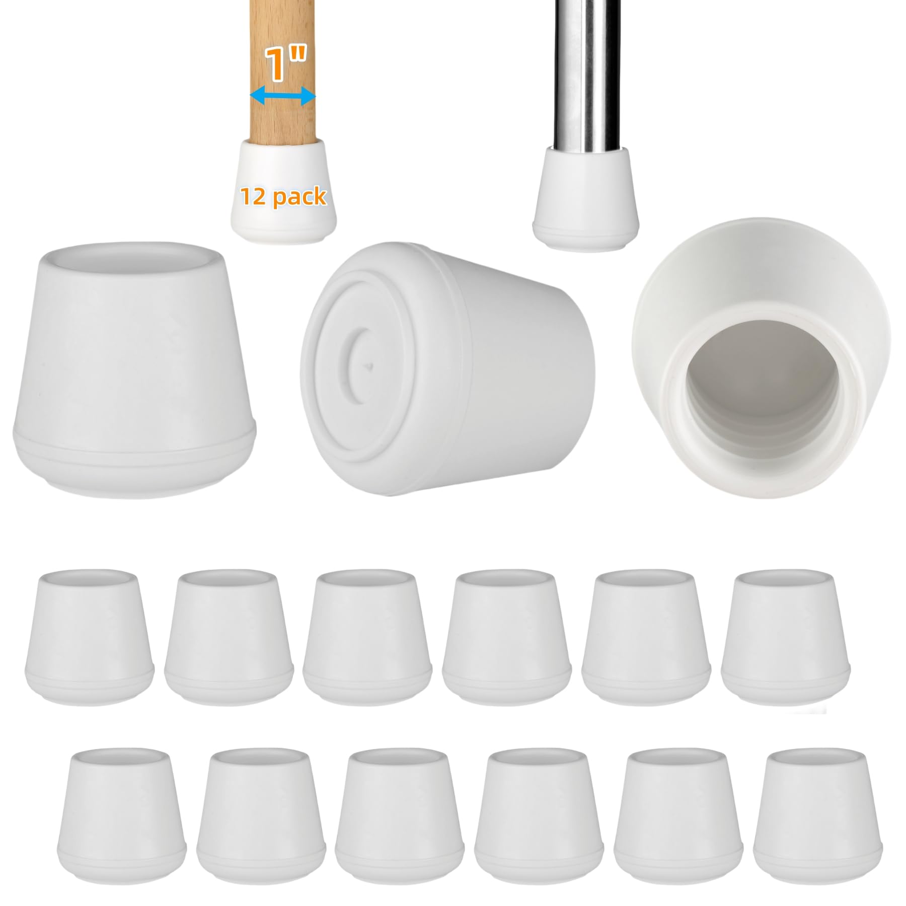 Photo 1 of 1" Chair Leg Tips Caps, Non-Slip Rubber Leg Tips, Stool Leg Protectors Cap, Folding Metal Chair Leg Tip Replacement, Chair Leg Floor Protectors Round White, 12 Pack