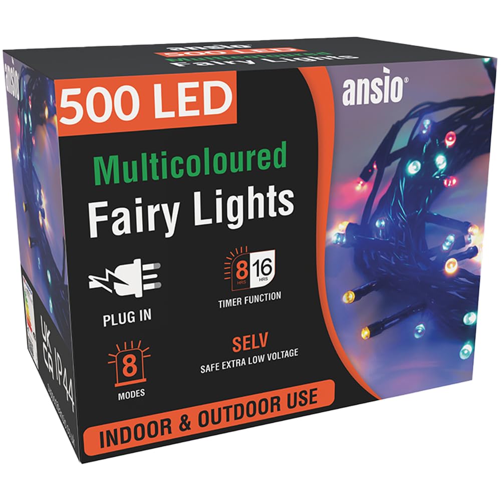 ANSIO® Christmas Lights 500 LED 50m/164ft Christmas Tree Lights for Indoor & Outdoor Multicolour Decorations Fairy String Lights with Timer for Xmas Garden Bedroom & Party | Mains Powered Green Cable