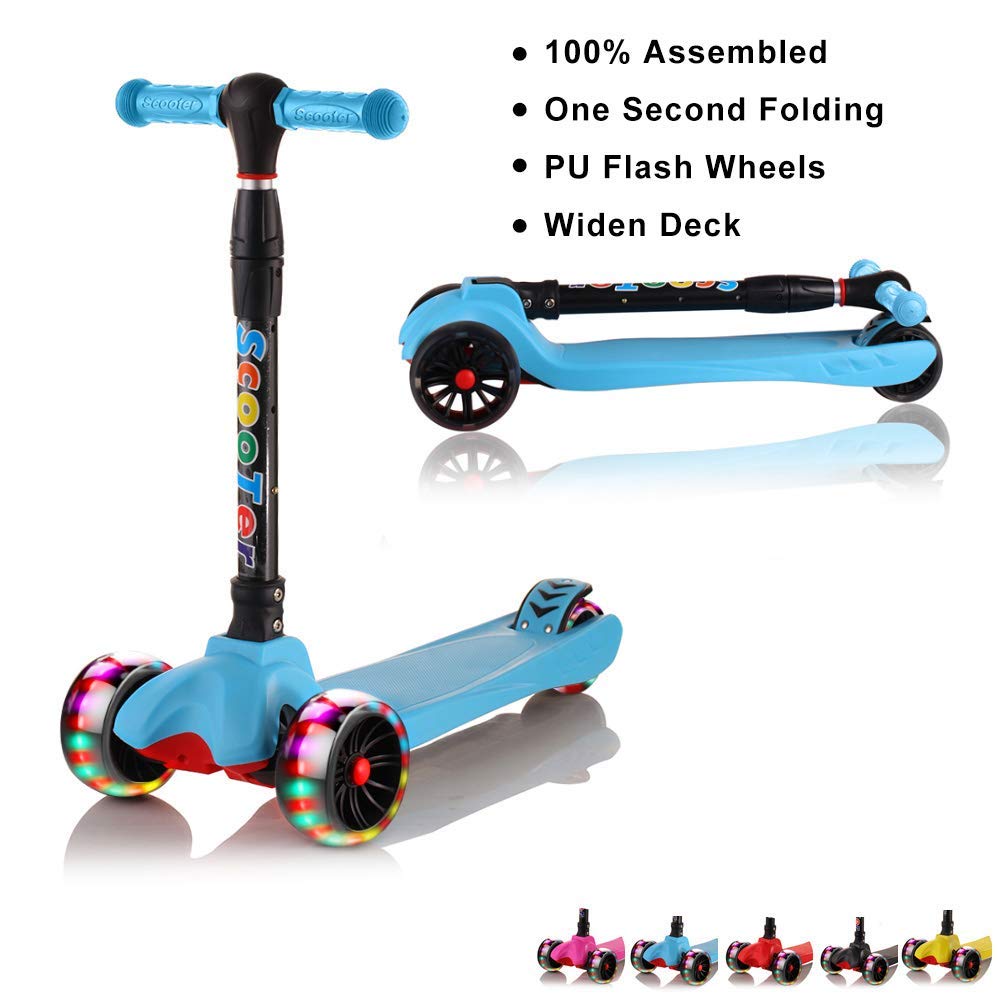 67i Kids Scooter Foldable Scooter for Kids 3 Wheel Toddler Scooter 4 Adjustable Height with PU Flashing Wheel Lean to Steer Kids Boys Girls Birthday Gift for Children from 2 to 12 Years Old