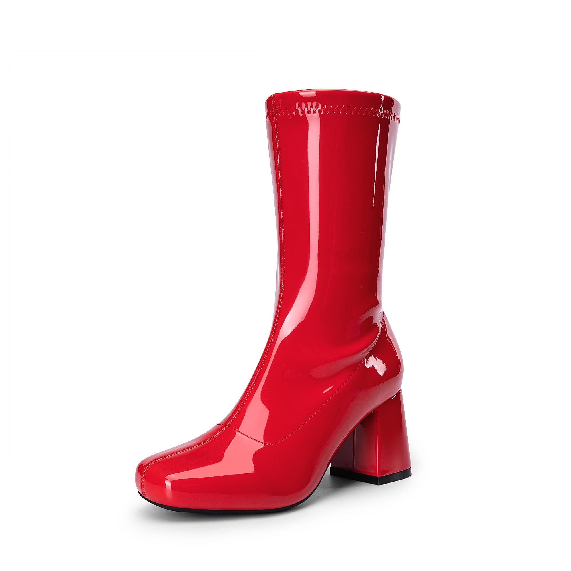 Photo 1 of DREAM PAIRS Women's Mid Calf Gogo Boots Low Block Heel Square Toe Ankle Boot with Zipper for Party Cosplay Dance,Size 7.5,Red,SDMB2301W-1