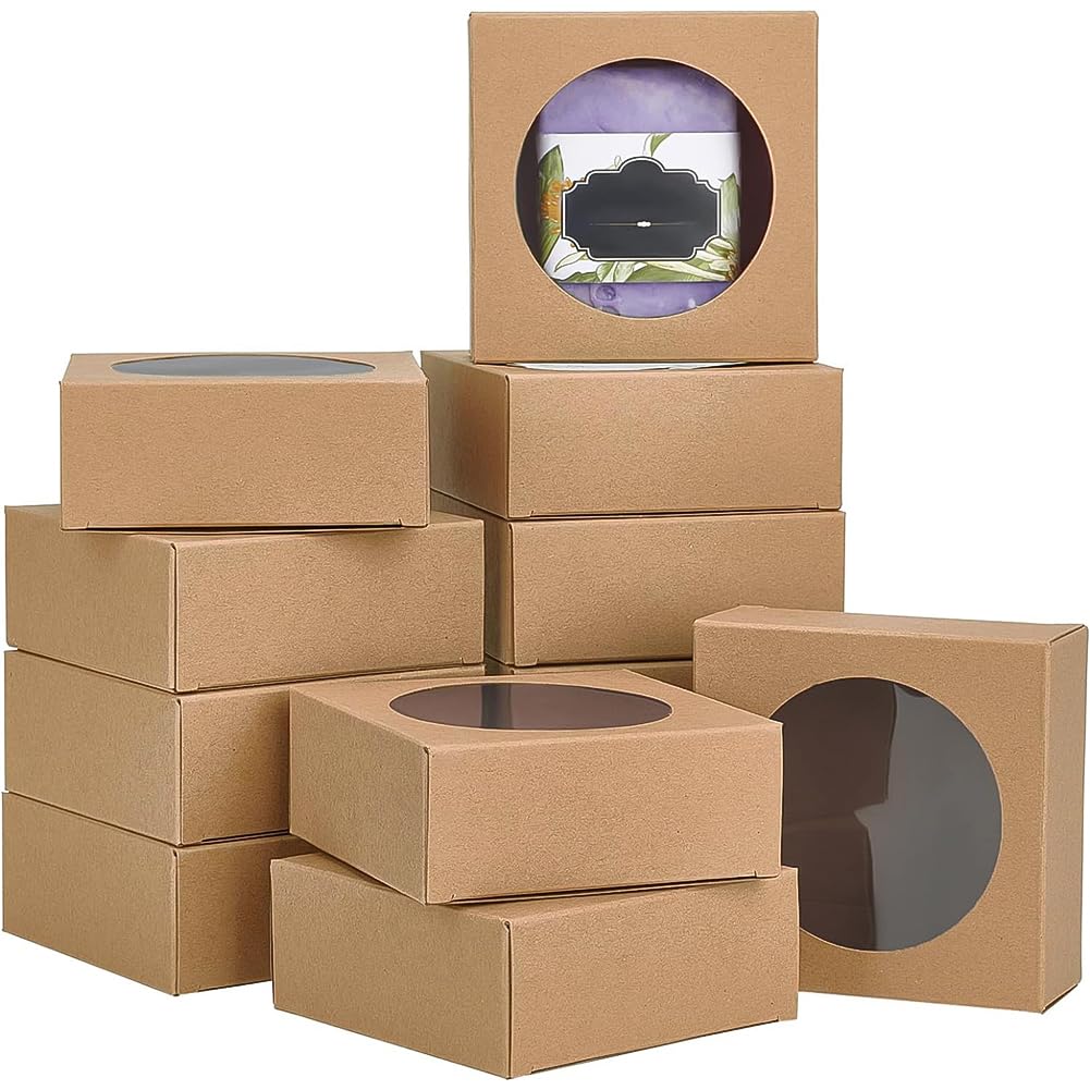 BENECREAT 24 Packs 9.3x9.3x3.8cm Round Clear PVC Window Gift Boxes, Square Brown Kraft Present Packaging Boxes for Party Favor Treats, Bakery, and Jewelry Packaging