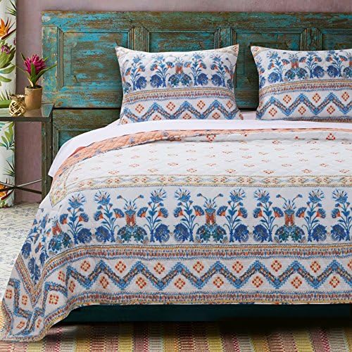 3 Piece Geometric Border Floral Design Reversible Quilt Set King Size, Featuring Pastel Geo Zigzag Floral Garden Striped Petals Bedding, Chic Modern Nature Pattern, Squared Boho Themed, Blue, Orange