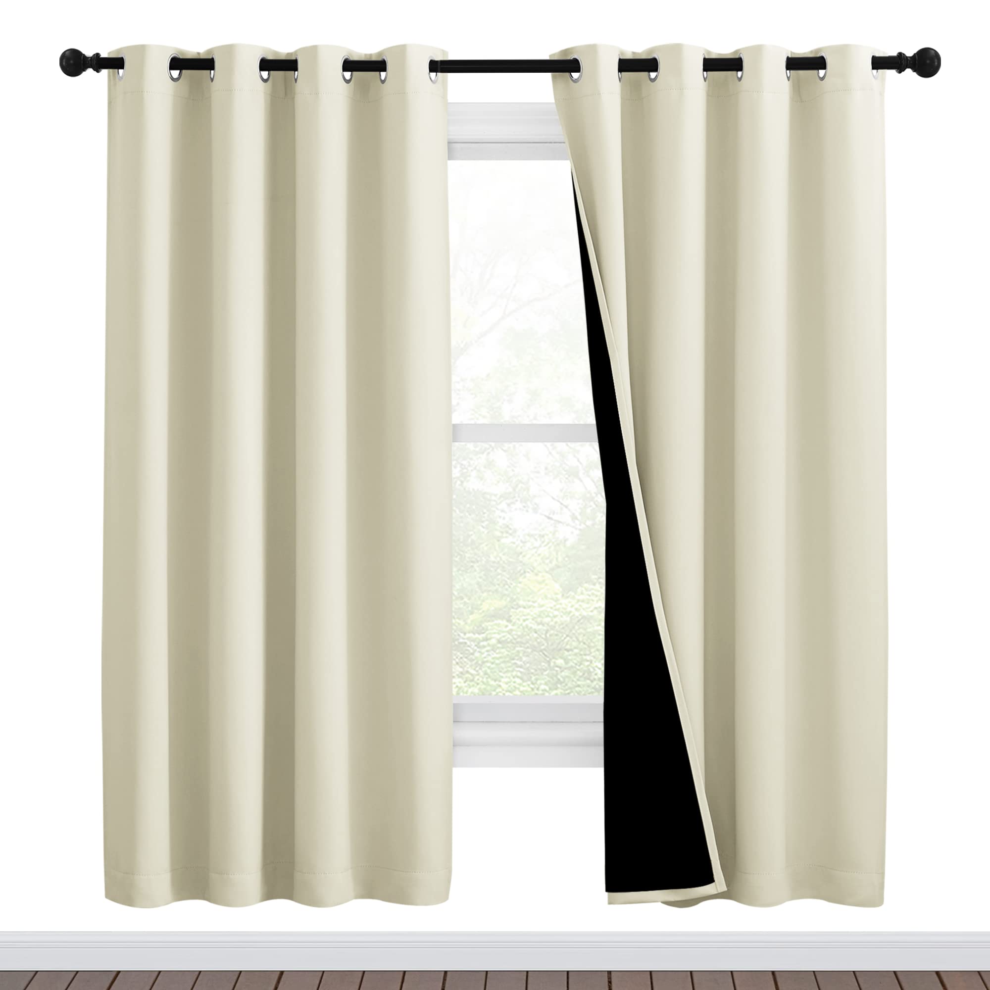 Photo 1 of NICETOWN Living Room Completely Shaded Draperies, Privacy Protection & Noise Reducing Ring Top Drapes, Black Lined Insulated Window Treatment Curtain Panels (Beige, 2 Pieces, W46 x L72)