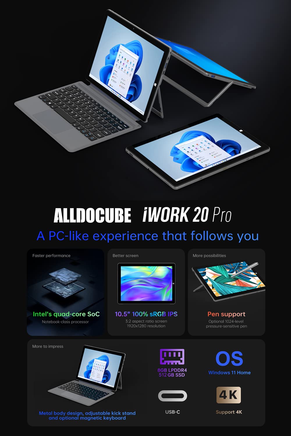 ALLDOCUBE iwork20 Pro Detachable Laptop Touchscreen Win 11, Tablet 10.5