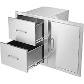 VEVOR Outdoor Kitchen Drawers 32.5" W x 21.7" H x 20.5" D Stainless Steel | Cabinets Trash Drawer/Door/Combo, for BBQ Island, Patio Grill Station, Access Door Drawers, Handle, Smooth Sliding Rail