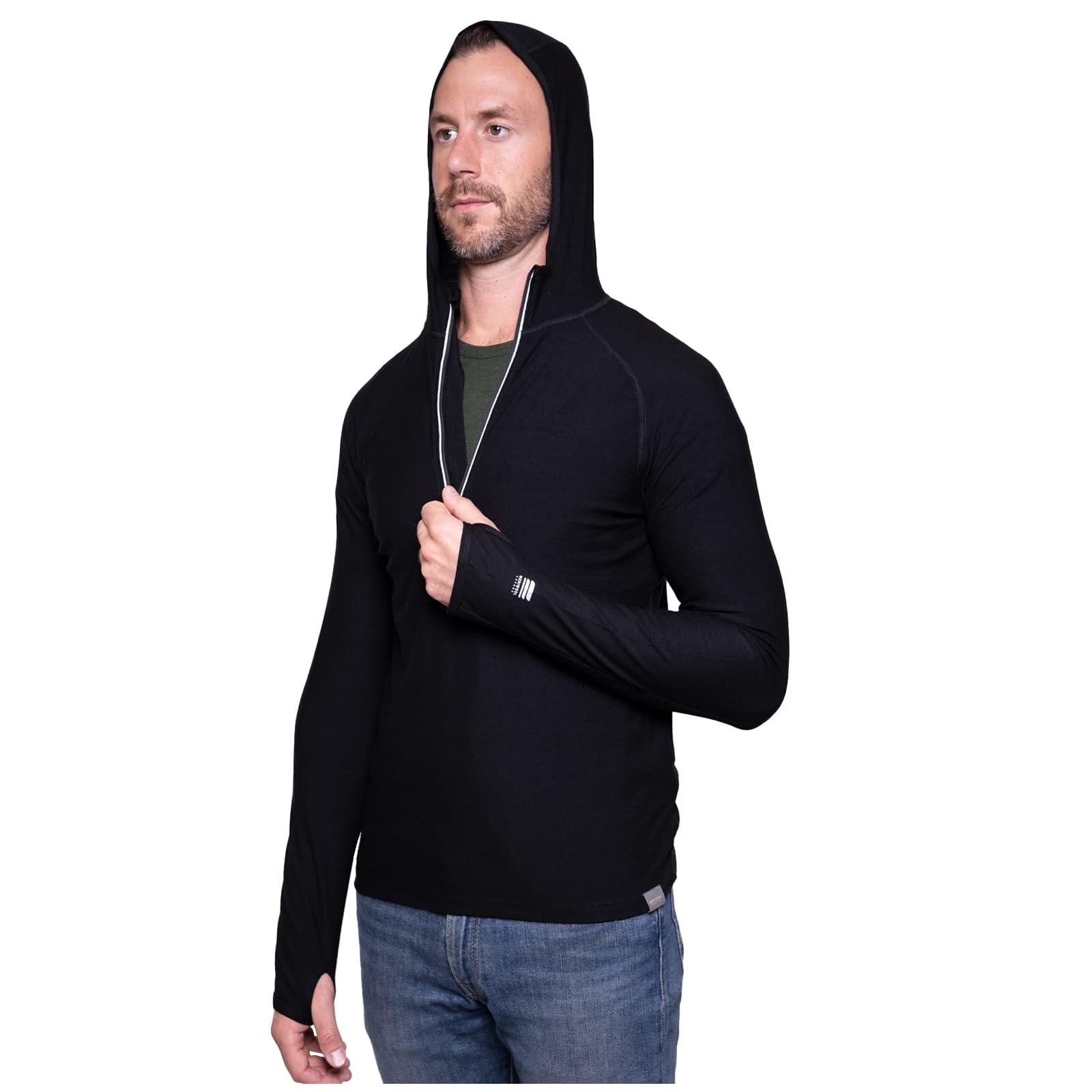 Photo 1 of MERIWOOL Men’s Base Layer Hoodie Lightweight Merino Wool Long Sleeve Thermal Black M