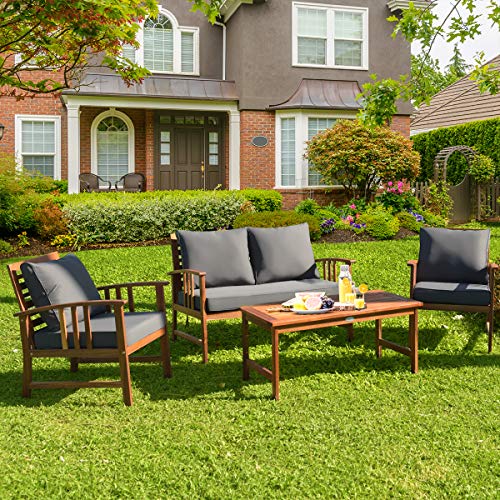 Tangkula 4 PCS Wood Patio Furniture Set, Outdoor Seating Chat Set with