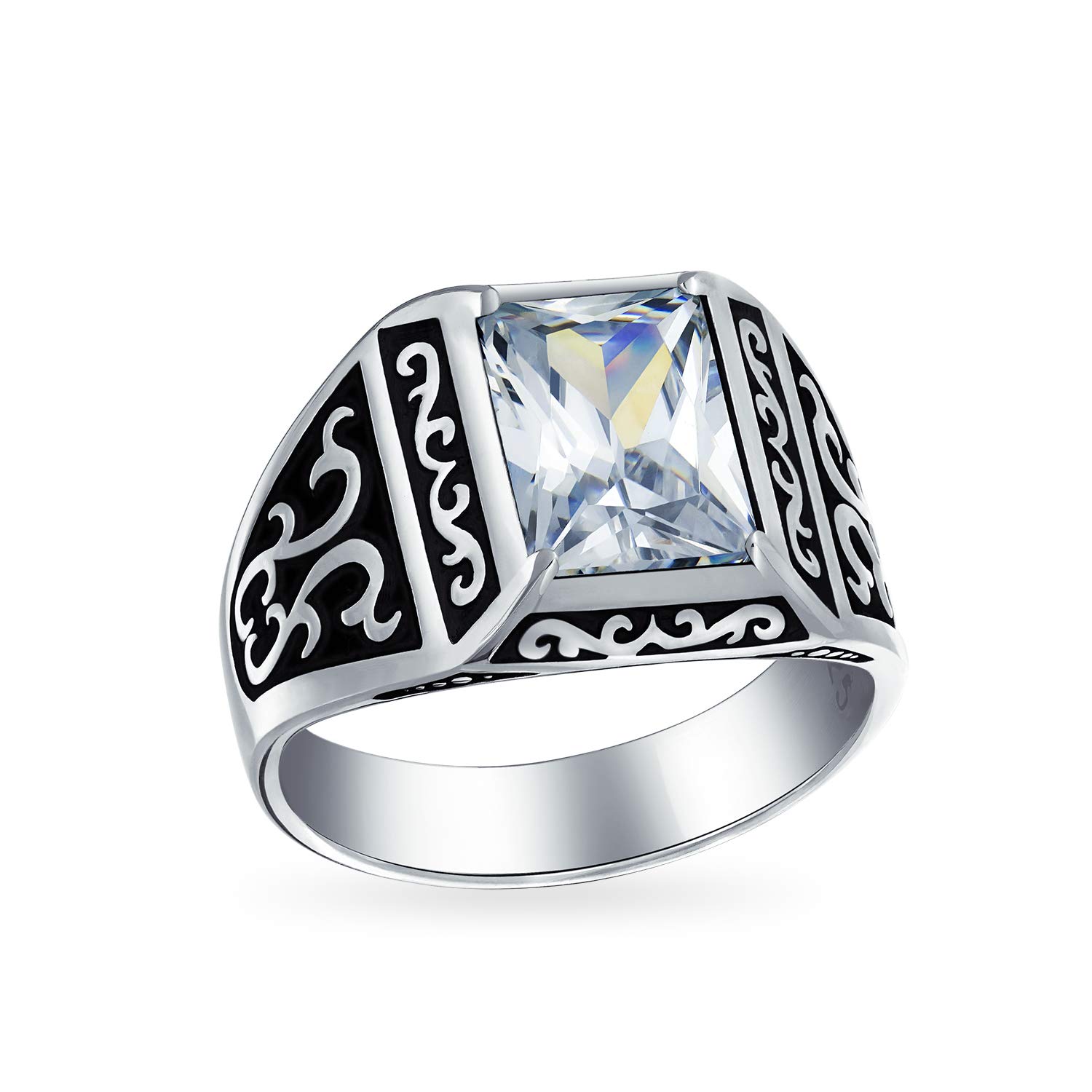 Personalize Unisex Vintage Style Scroll or Cobble Stone Cubic Zirconia CZ Simulated Blue Sapphire Statement Signet Ring For Men Oxidized .925 Sterling Silver Handmade In Turkey