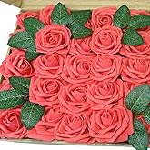 J-Rijzen Artificial Flowers 50PCS Real Looking Coral Fake Roses with Stem for DIY Wedding Bouquets Centerpieces Party Baby Shower Home Decorations (Coral)