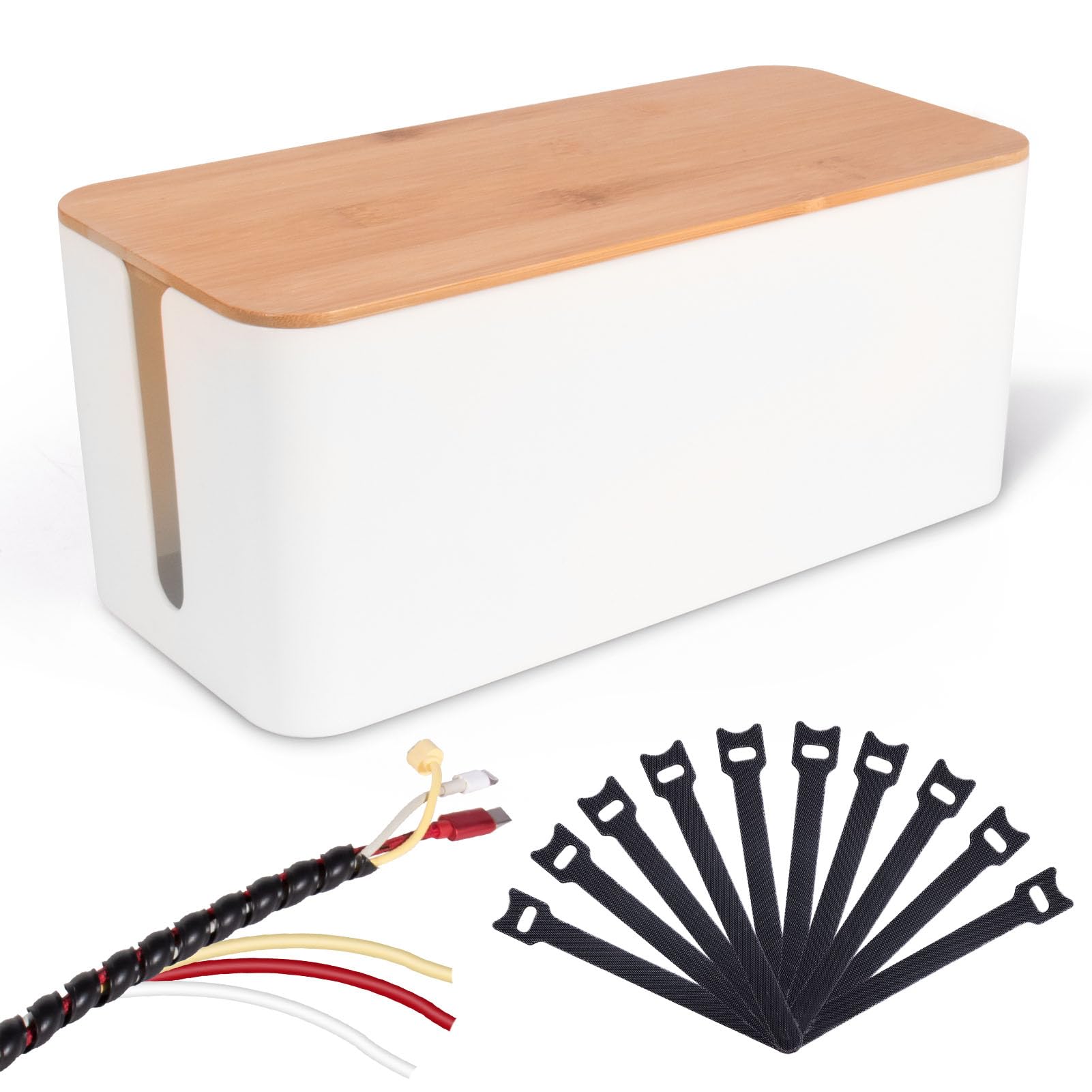 O4L Cable Storage Box in White with Bamboo Wood Lid, Cable Management Box with Cable Spiral and Velcro Cable Ties, Socket Box for Cable Hiding 32 x 13.5 x 13 cm