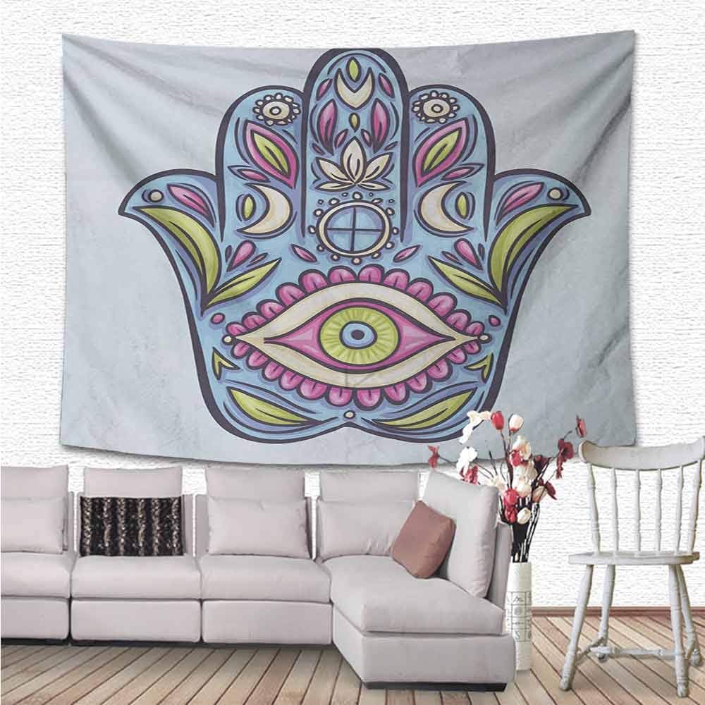 Hamsa Beautiful Wall Hanging Tapestry, Spring Nature Inspired Design Hand of Fatima Positive Doodle Lily Bloom Print Fabric Wallpaper Home Decor, 90"x60", Blue Pink Green (230cmx150cm)