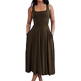 FairBeauty Women's Square Neck Casual Sleeveless Long Dress Stretchy Summer Sundress with Pockets