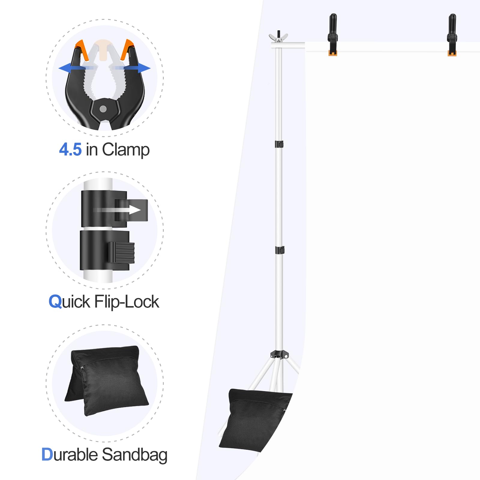 EMART Backdrop Stand 10x7ft(WxH) Photo Studio Adjustable Background Stand Support kit with 2 Crossbars, 8 Clamps, 2 Sandbags and Carry Bag for Parties, Events Decoration, Wedding, Photography -White