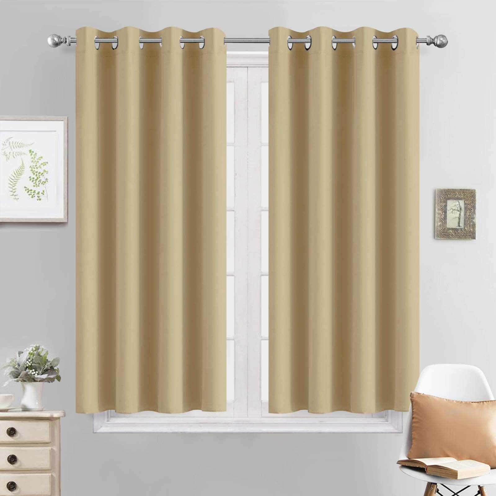 Yakamok Room Darkening Blackout Curtains for Bedroom, Light Blocking Thermal Insulated Grommet Top Drapes for Living Room,Beige,52x45Inch, 2 Panels